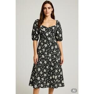 Lauren by Ralph Lauren Ayla Dress Sz 12 100% Linen Black White Floral Puff Sleev